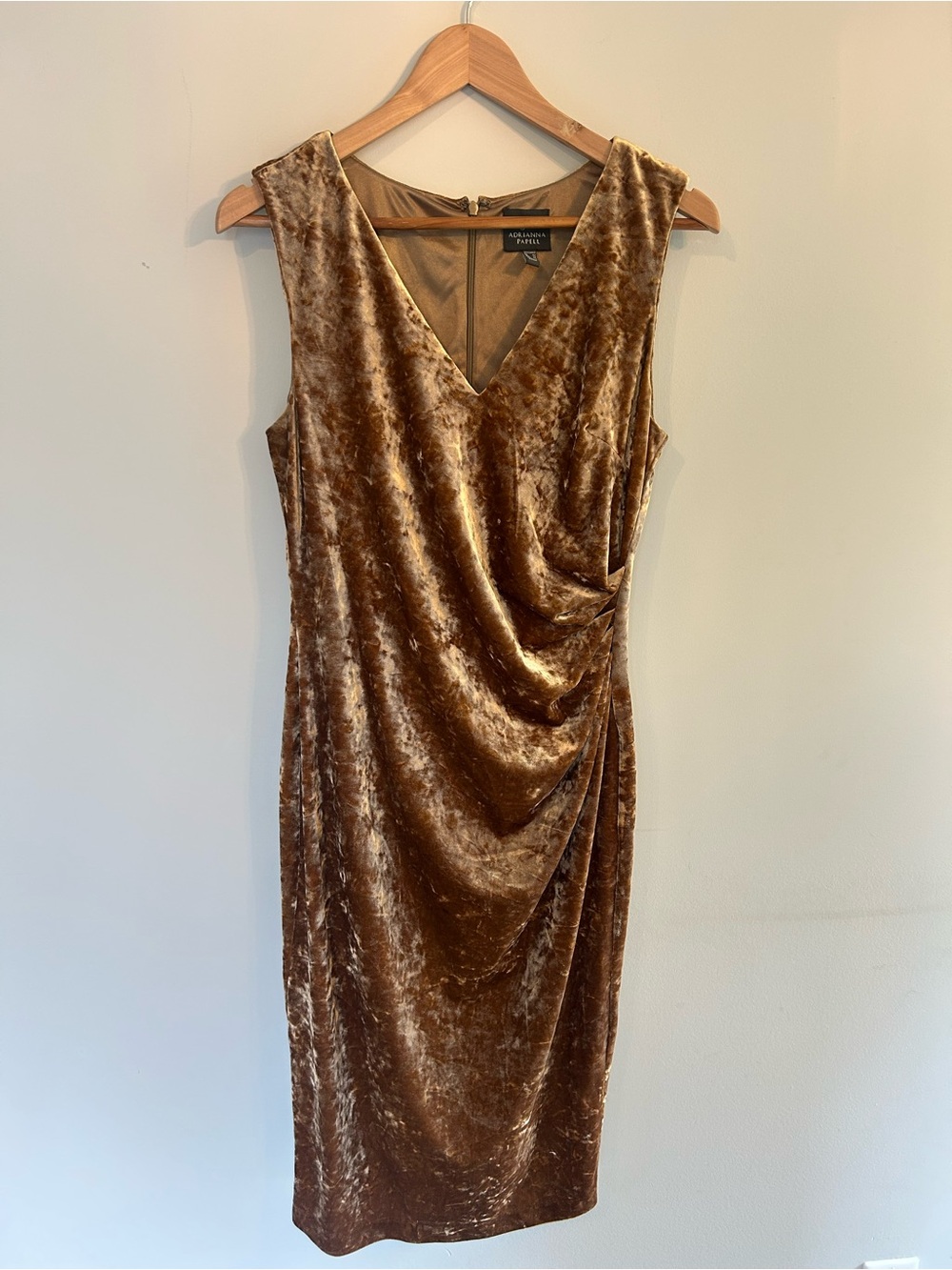 Adrianna Papell Gold Crushed Velvet V-Neck Midi Dress